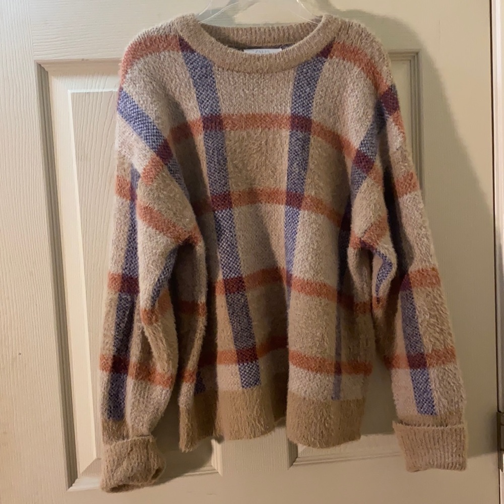 Zara Tan Red Blue Checkered Plaid Fuzzy Sweater Long Sleeve Kids